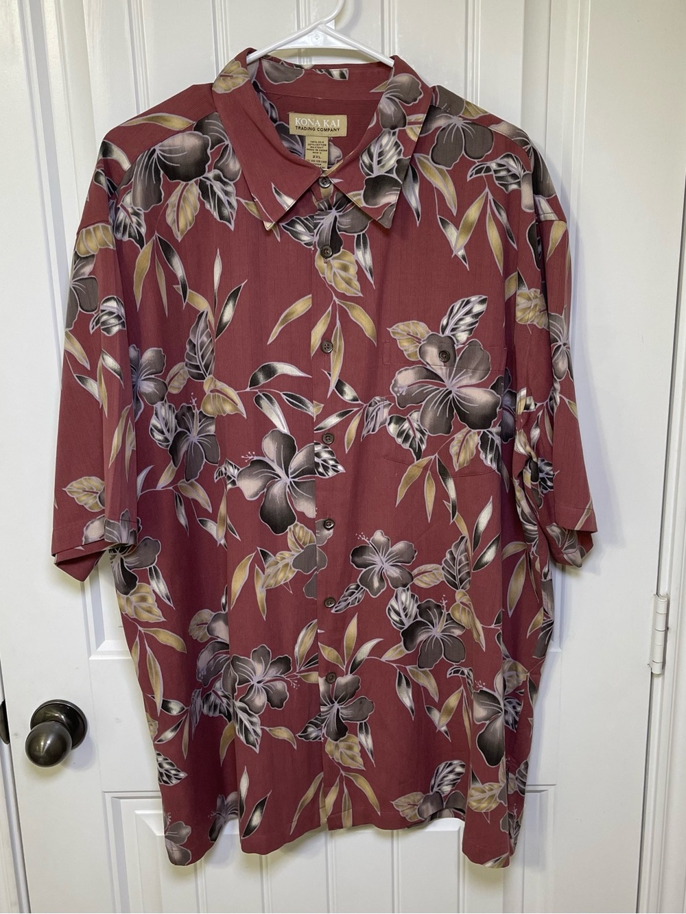 Kona Kai Trading Co. Men's 2XL Silk Blend Hawaiian Shirt, Floral Rusty Mauve